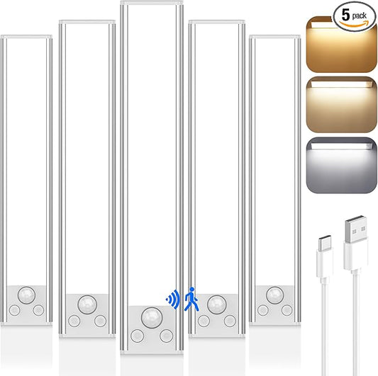 12in Under Cabinet Lighting Wireless, 2500mAh Rechargeable Motion Sensor Lights Indoor, Battery Operated Closet Lights with 3 Color Tempers 108 LED, Dimmable Cabinet Lights for Kitchen Hallway, 5 Pack