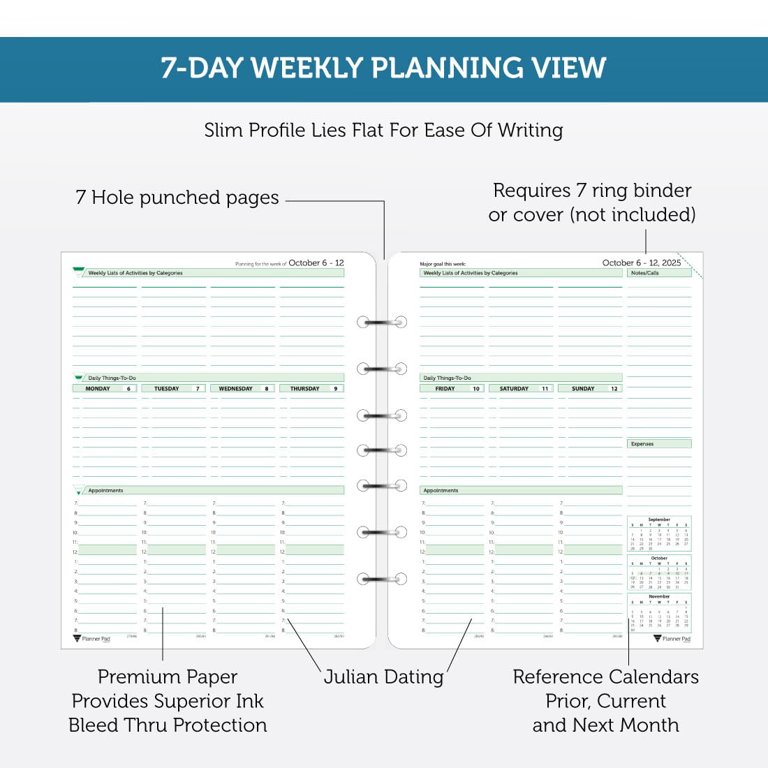 Planner Pad 7 Hole Loose Leaf 3-Tier Funnel Down 12 Month Organizer, October 2025 – September 2026, Soft Green Ink, 6 3/4" x 8 1/2"