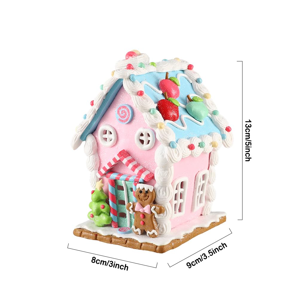Christmas Pastel Gingerbread House Ornaments Decorations,Soft Clay Pastel Pink Small Candy House Christmas Ornaments with Light for Christmas Tree Hanging Pendants Xmas Tabletop Decoration