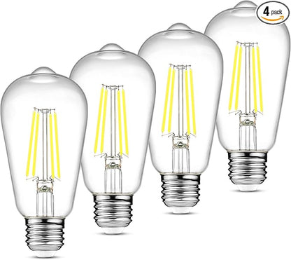 Ascher Vintage LED Edison Bulbs, 6W, Equivalent 60W, Non-Dimmable, Daylight 5000K, 700Lumens, ST58 Antique LED Filament Bulbs with 80+ CRI, E26 Medium Base, Clear Glass, Pack of 4