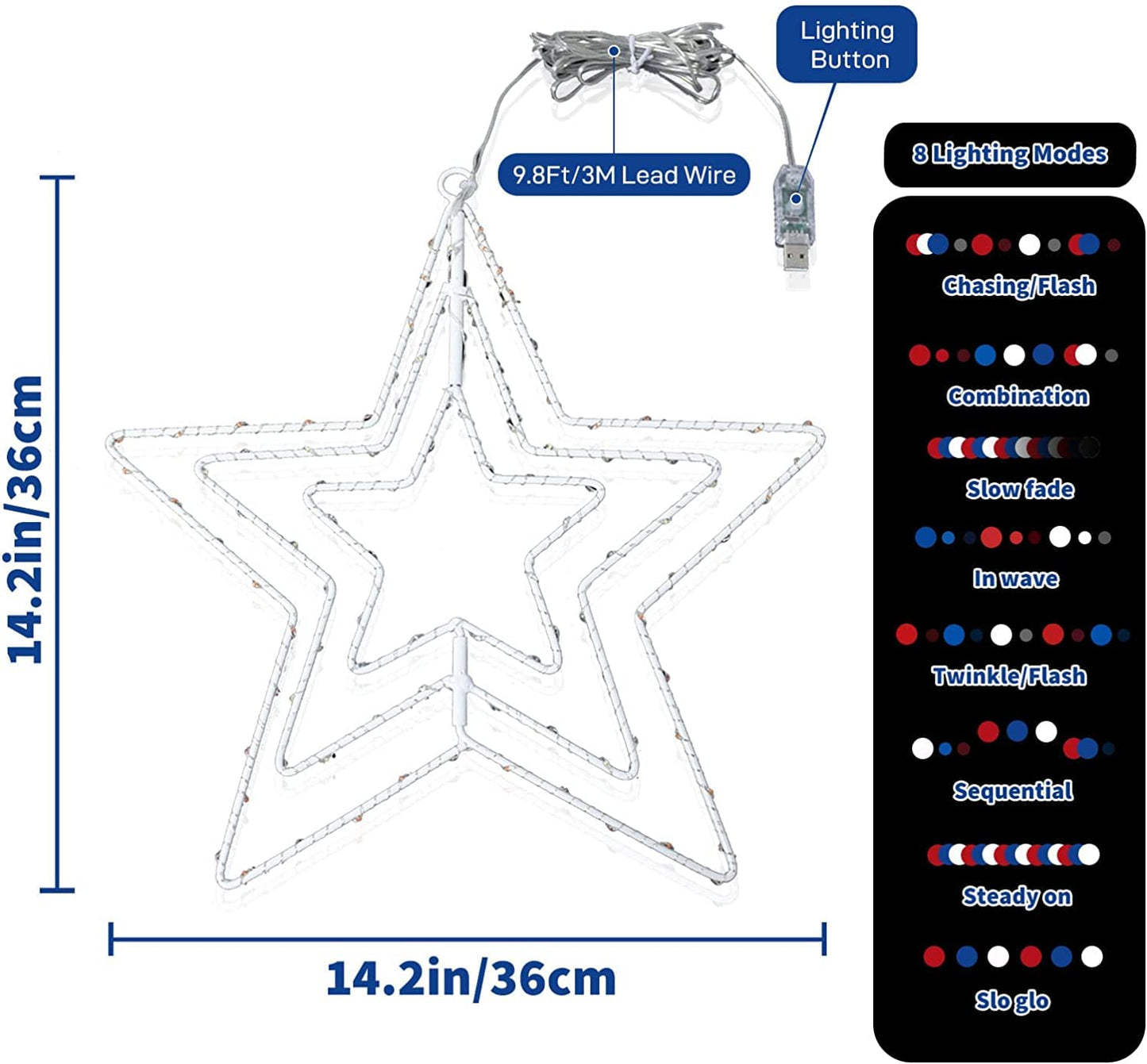 DANLI 4th of July Lights 14.2'' 110 LED Red White Blue Rotatable Iron Frame 3 in 1 Star Lights,8 Modes USB Window Silhouette Lights for Indoor Outdoor Decor(2 Packs)