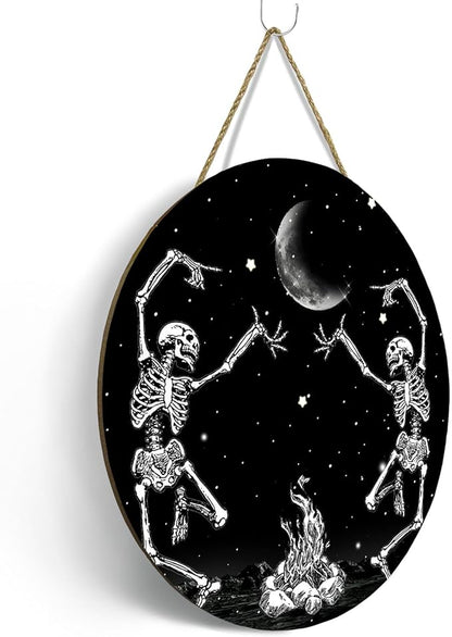 Skull Halloween Front Door Sign Dancing Skeleton Door Hanger Sacry Moon Night Holiday Decor for Porch Halloween Home Party Accessories