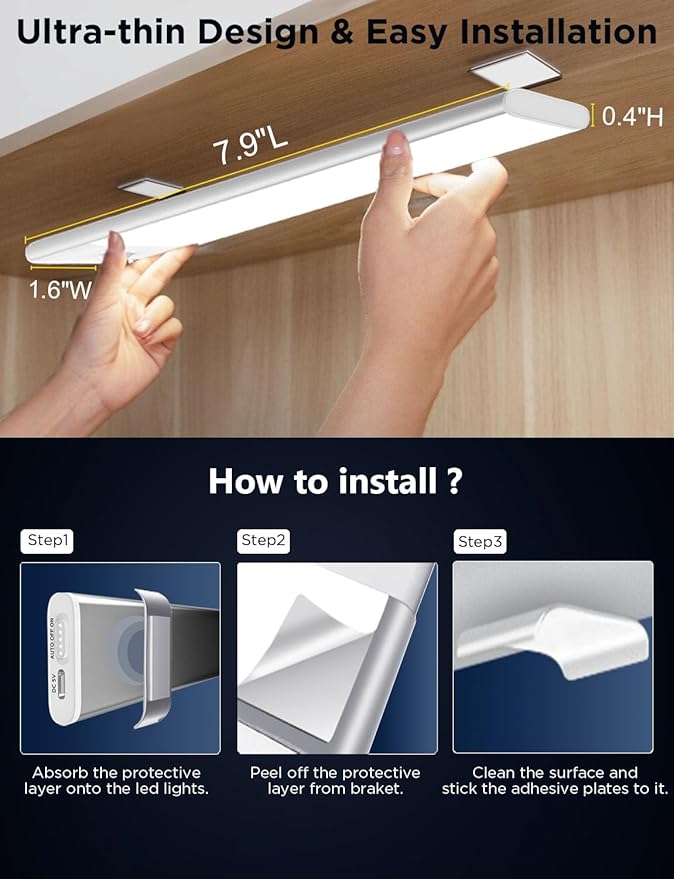 Diomart Under Cabinet Lights Wireless, 30-LED Motion Sensor LED Closet Light Rechargeable, Motion Sensor Light Indoor Stick on Under Counter Lights for Kitchen, Stairs, 4 Pack