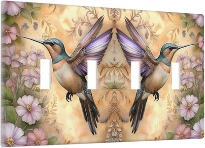 Decorative Art Light Switch Covers Blossom & Hummingbird Quad Toggle 4 Gang Wall Plate Switch plate Electrical Faceplate for Home Decor
