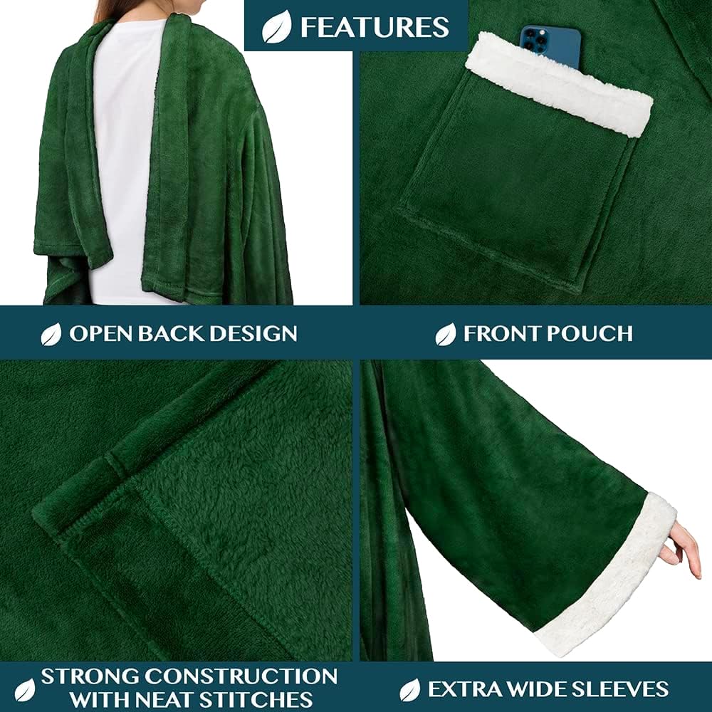 PAVILIA Wearable Blanket with Sleeves & Pocket for Women & Men, Soft Fleece Snuggle Throw with Sherpa Trim, Cozy TV Couch Robe, Gift Ideas for Mom & Wife, Dark Green