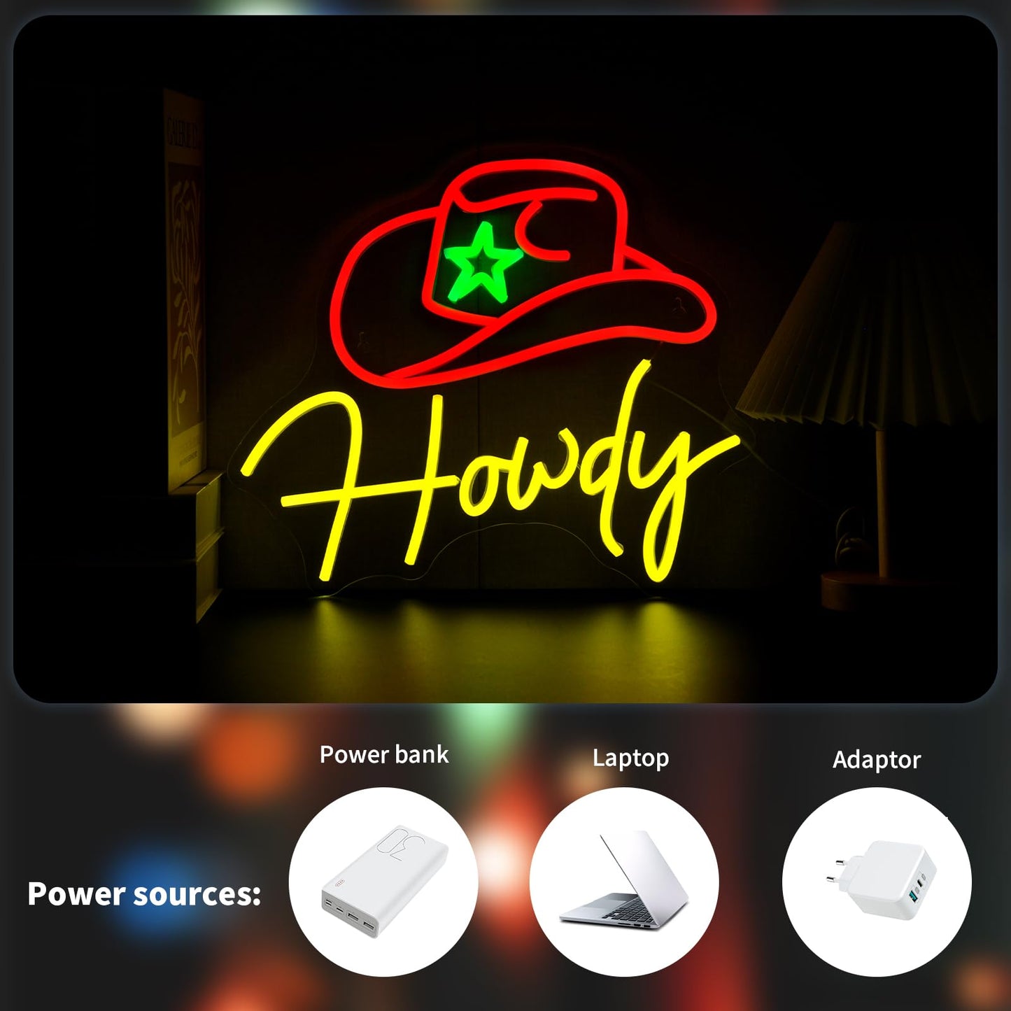 Qetibwk Cowboy Howdy Neon Sign for Wall Decor Led Neon Signs Light Up Sign Room Decor Neon Lights Sign USB Powered