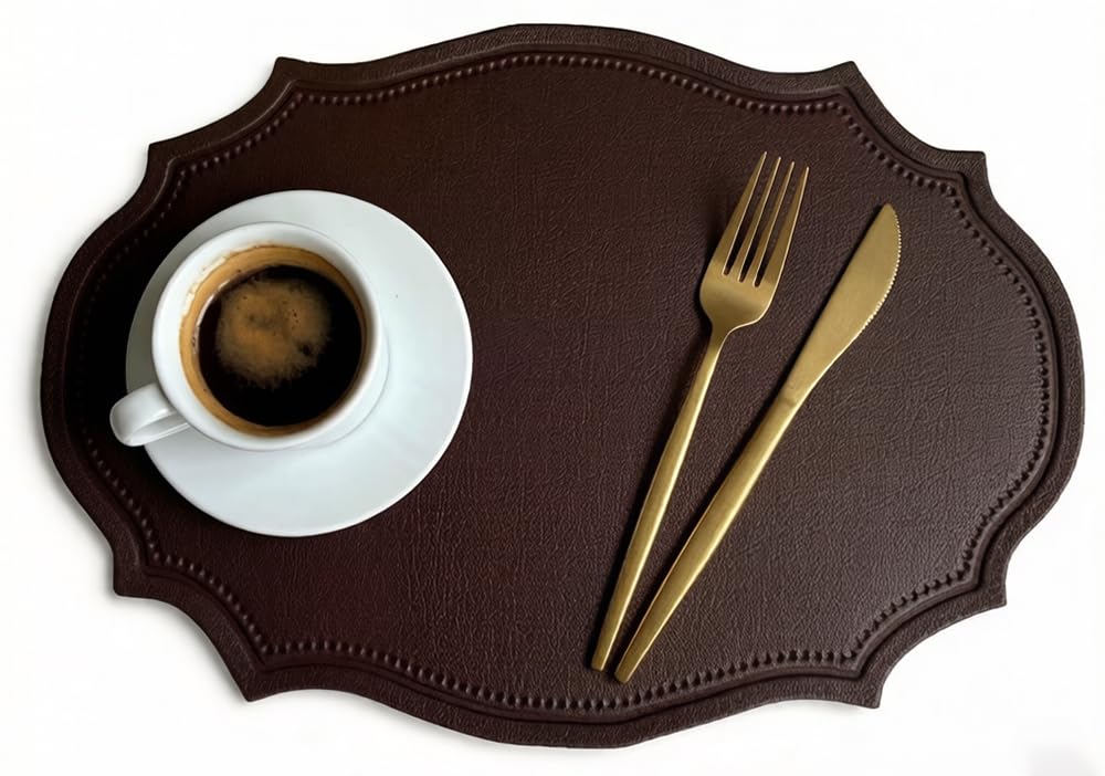 Double-Texture Faux Leather Oval Placemats Set of 6 Washable Heat Insulation Mats Watertight and Non-Slip for Home Kitchen 、Coffee Shops、Restaurants(Brown)