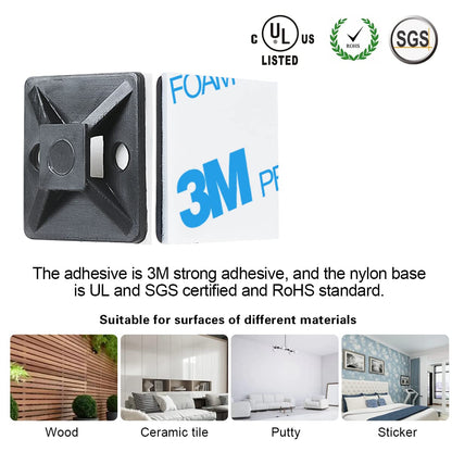 XHF 3/4" Strong Back-Glue Self Adhesive Black Cable Zip Tie Mounts 100pcs with 8" Zip Ties, Screws, UV Protection Outdoor Sticky Wire Fasteners Cable Clips Management Anchors Organizer Holders Squares