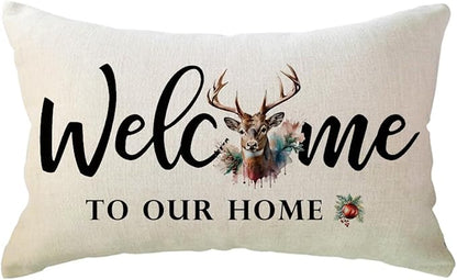Winter Welcome Throw Pillow Covers 12 x 20 Inch Farmhouse Seasonal Holiday Decorative Lumbar Pillowcases with Rustic Deer Design Cushion Covers for Front Porch Decor (Reddish Brown)