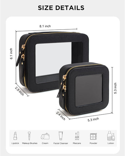 KOTORA Clear Makeup Bag Organizer Set,Portable Travel Toiletry Case for Women, Vegan Leather Cosmetic Pouch Car Bag for Essentials Car Make Up Bag Organizer Storage Traveling (Black)