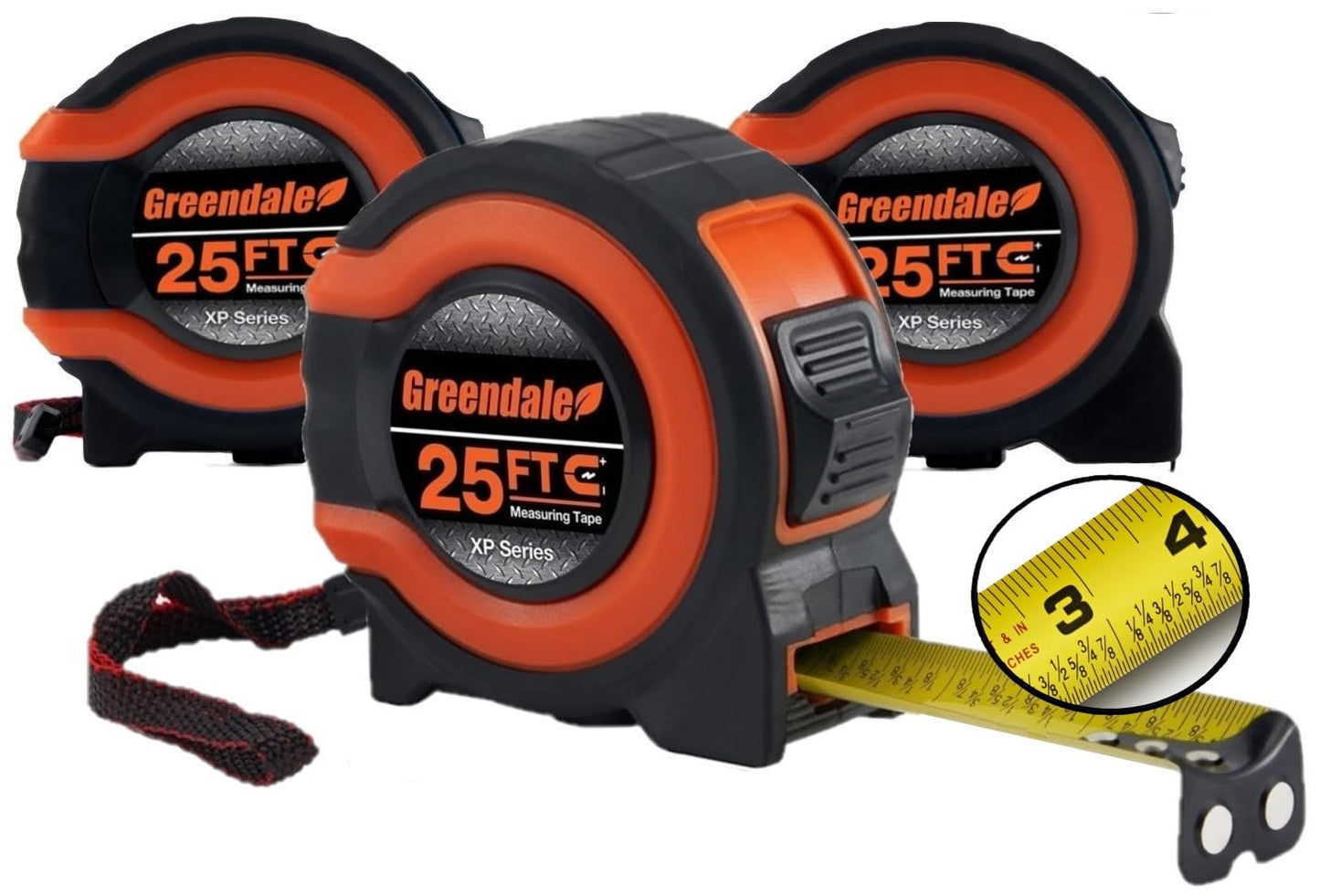 Greendale – 3 Pack Tape Measures 25 ft – Easy-Read Fractions, Magnetic Tip, Quick-Lock & Auto-Retract – Heavy-Duty Measuring Tape with Belt Clip – Red/Orange