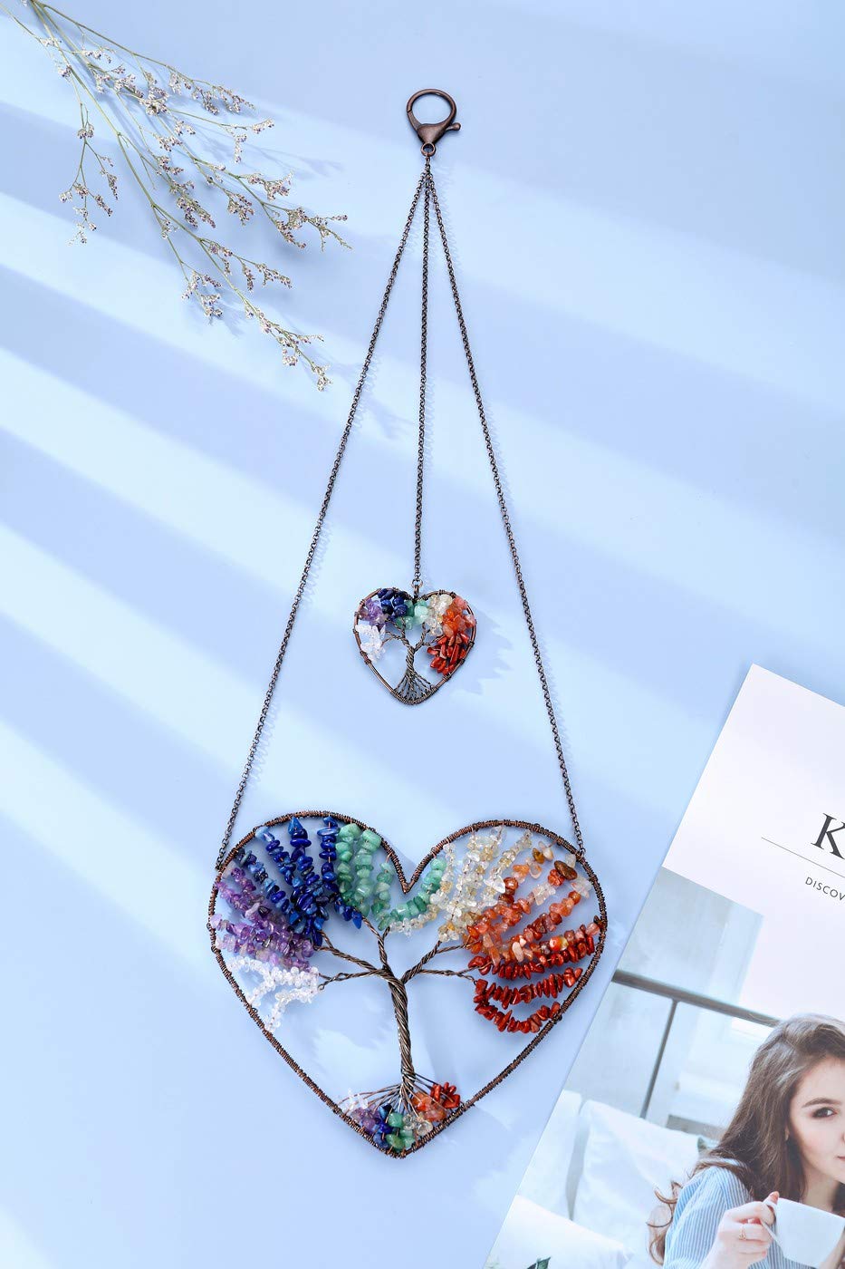 PESOENTH Chakra Crystal Tree of Life Heart Wall Hanging Decor Gifts for Women,Bohemian 7 Chakra Healing Crystals Reiki Stones Ornaments Spiritual Gifts Christmas Tree Home Hanging Decorations