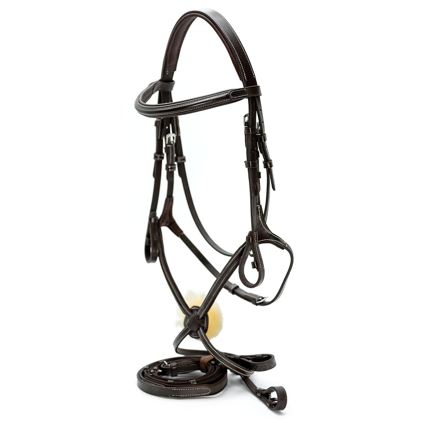 Jeffers Uniquely English Hickstead Figure-8 Leather Bridle for Horses with Web Reins, Cob - Padded Crown, Buckle Bit Ends, Sheepskin Noseband, Adjustable Throatlatch, Dressage, Jumping, Training