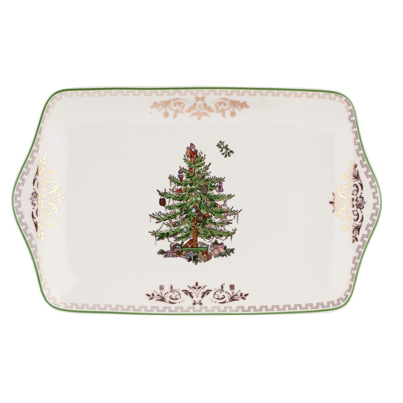 Spode Christmas Tree Gold Dessert Tray - 12" Fine Porcelain Festive Serving Platter with Red Ribbons, Holiday Collectible Dish for Entertaining & Desserts - Winter Holiday Serveware Gift