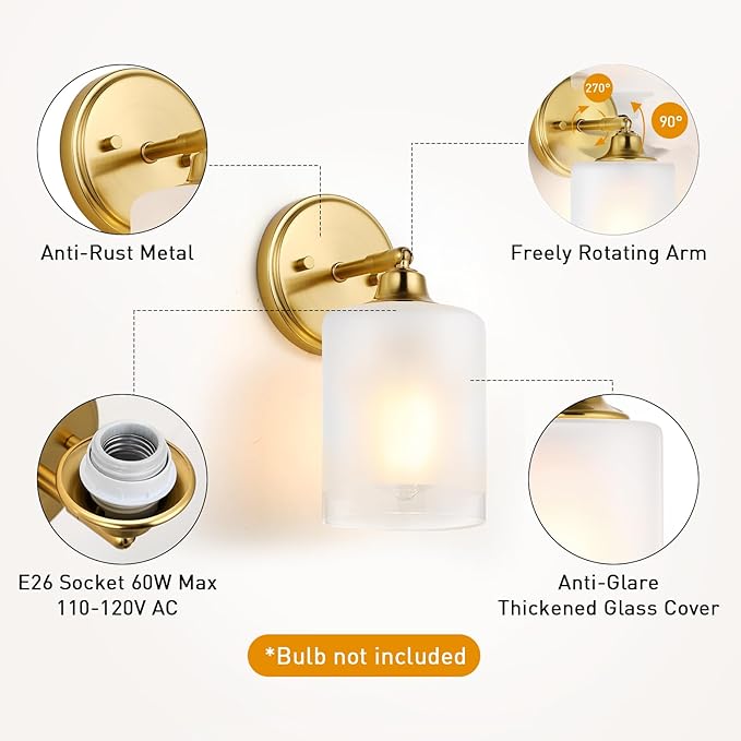 Gold Bathroom Wall Sconces Set of Two, Modern Vanity Light Fixtures with Frosted Glass Shade, Bathroom sconces wall decor set of 2 for Bedroom Living Room Mirror Hallway Kitchen(Bulbs Not Included)