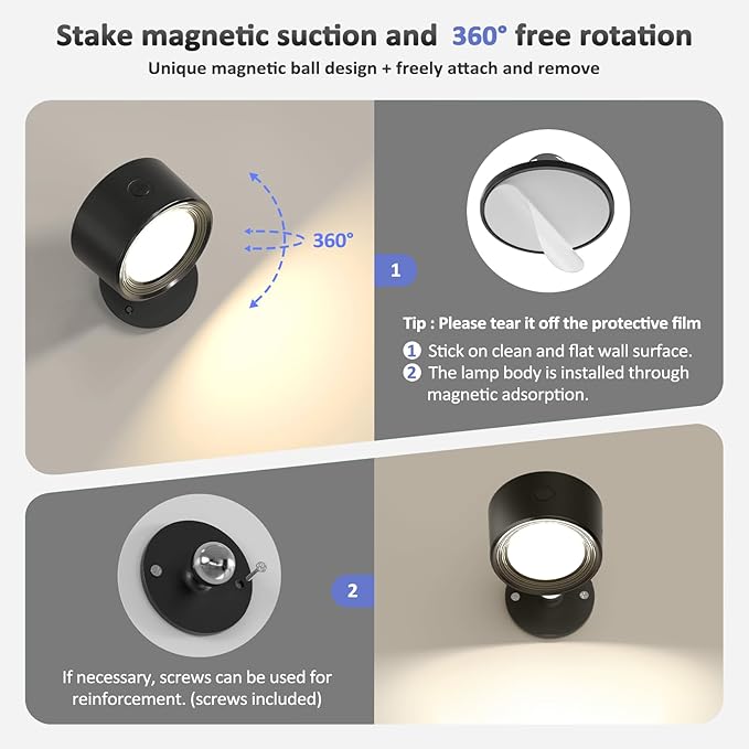 Lightbiz LED Wall Lights with Remote, RGB Ambience Wall Sconces Lamp 3000mAh Rechargeable Battery Operated, 3 Color Temp & Dimmable Magnetic 360° Rotation Cordless Light for Living Room Bedside