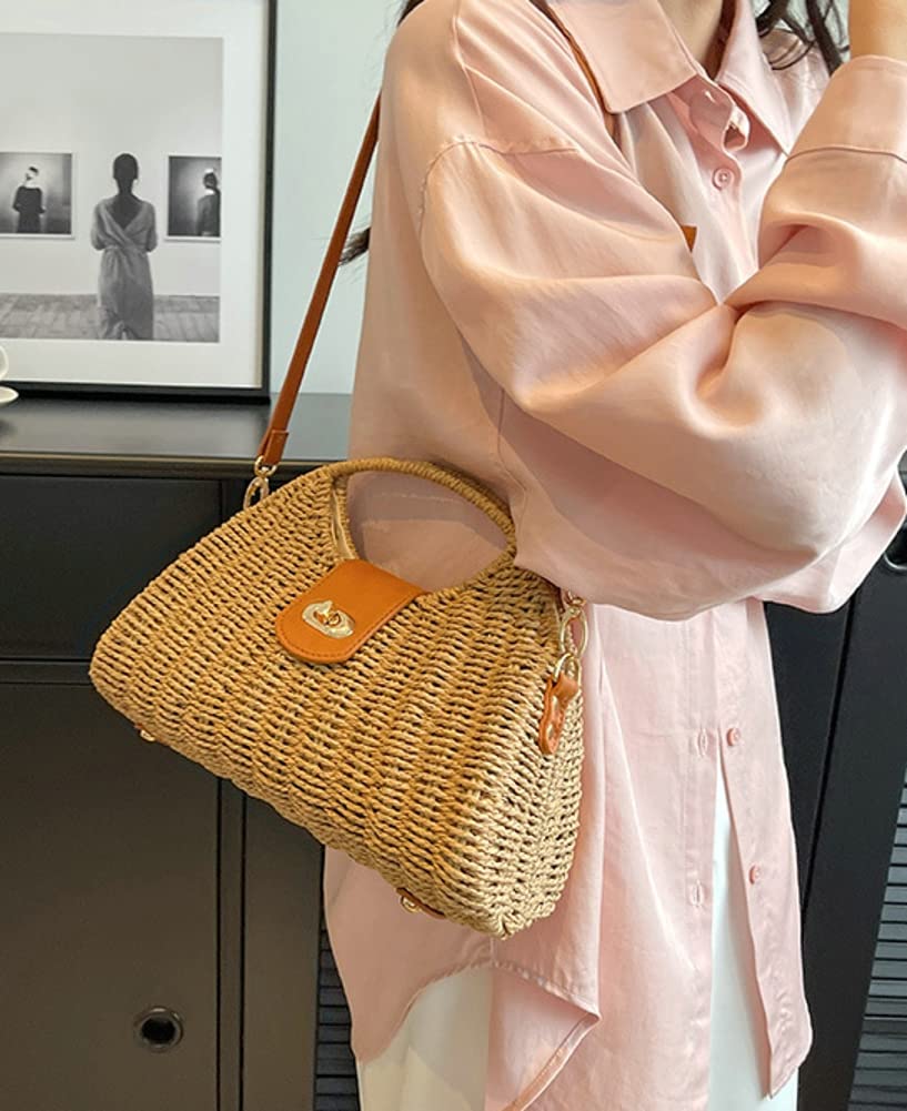 Summer Straw Bag for Women Straw Hand-woven Top-handle Handbag Crossbody Tote Clutch Bags for Travel Khaki Medium