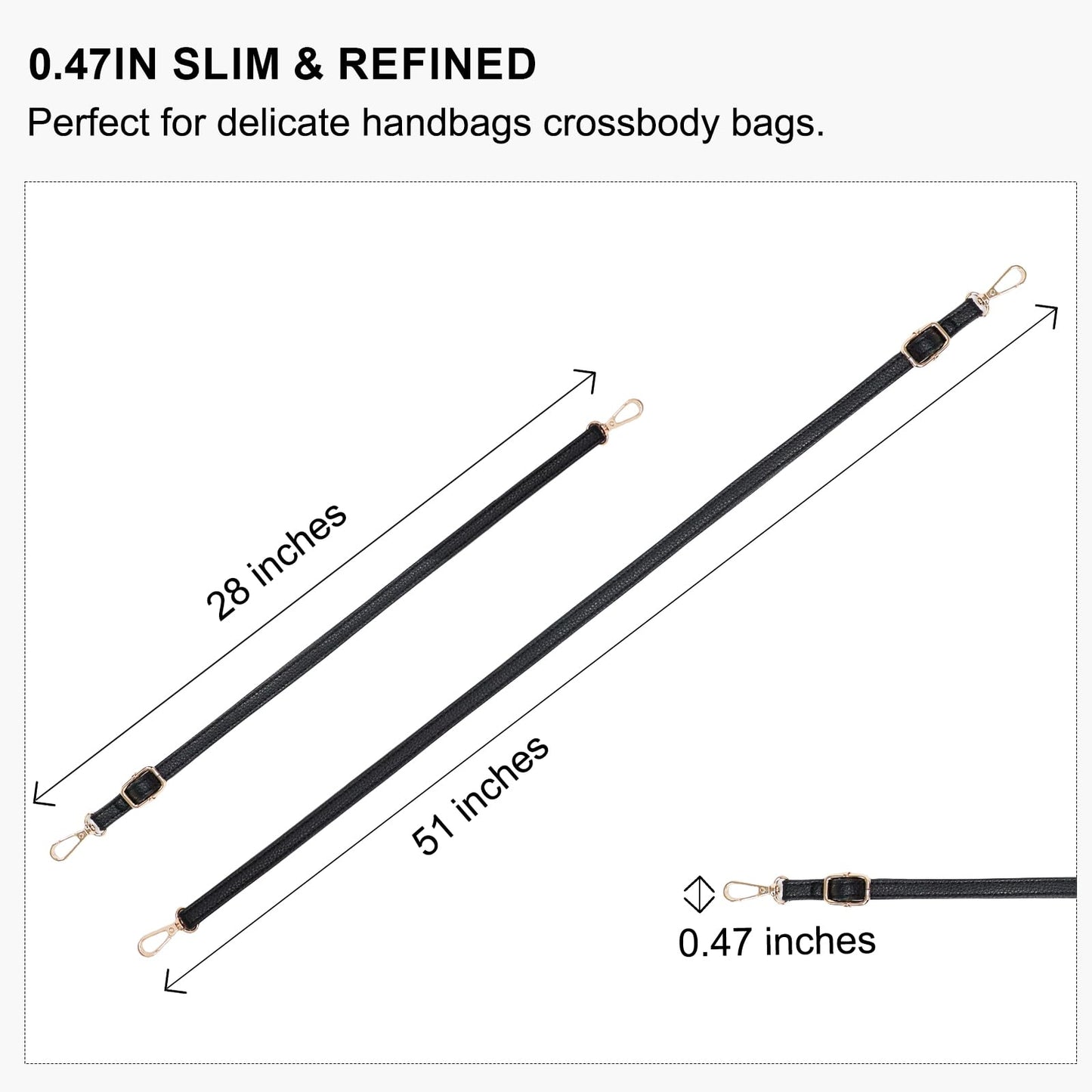 Qdfmkac Black Purse Strap 0.47 IN Narrow Vegan Leather Replacement Crossbody Strap for Handbags, Adjustable 28-51 IN Shoulder Bag Strap for Crossbody, Shoulder & Handbags