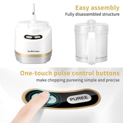 La Reveuse Electric Mini Food Processor Small Chopper 200 Watts 2-Cup Prep Bowl for Mincing Chopping Grinding Blending Pureeing (White)