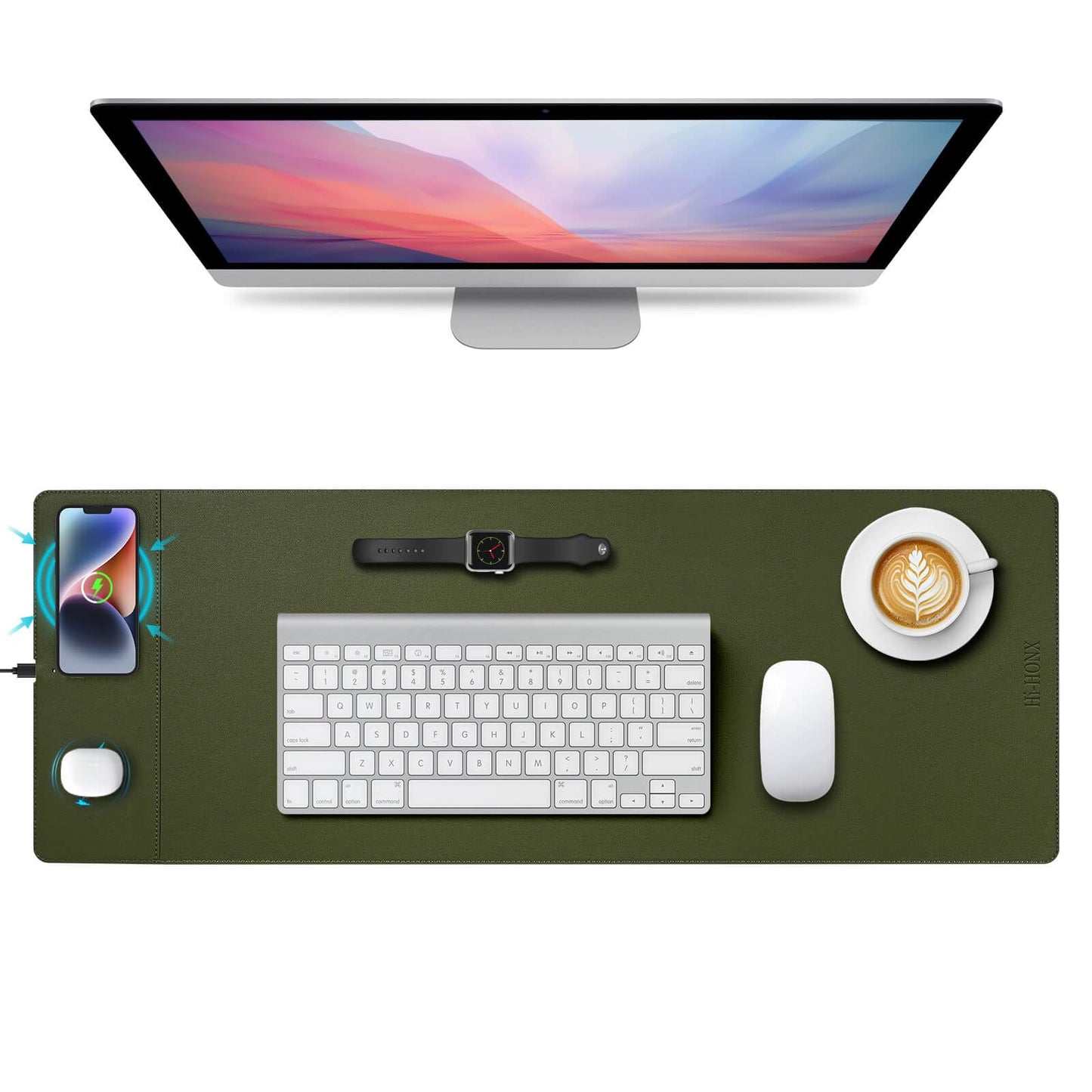 Hi-HONX Wireless Charging Mouse Pad, 15W Fast Charge Magnetic Charger Desk Pad, Large Office Desk Mat (31"x11.7") with Ultra-Smooth Surface, Green Computer Mousepad for MacBook, PC, Laptop