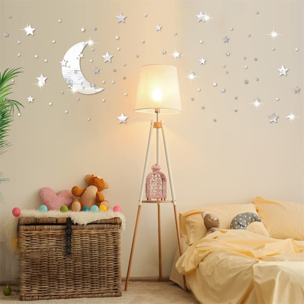 Moon and Stars Mirror Wall Stickers, Removable Acrylic Crescent Moon and 146 PCS Stars Wall Mirror Stickers Decals, 3D Moon Star Art Wall Decoration for Baby Kid Bedroom Living Room Ceiling (Silver)