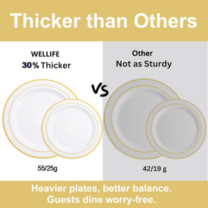 WELLIFE 350-Piece Gold Disposable Plates and Cutlery Set - Premium 10.25" Dinner Plates, 7.5" Dessert Plates, 9oz Cups & Cutlery for Weddings, Catering Events - 50 Guest Service - Elegant & Sturdy