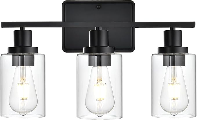 Bathroom Vanity Light,3-Light Modern Black Bathroom Light Fixtures with Clear Glass Shade,Wall Lamps for Living Room,Bath Vintage Wall Mounted Lights for Mirror,Bedroom