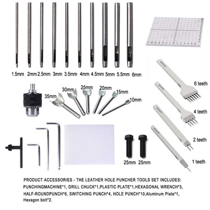 GUILOPOER Leather Hole Puncher Hand Punching Machine Manual Press Puncher Punch Tools for DIY Craft (with Chuck, PP Plate and 20 pcs Tools and Aluminum Plate for Leather DIY Craft)