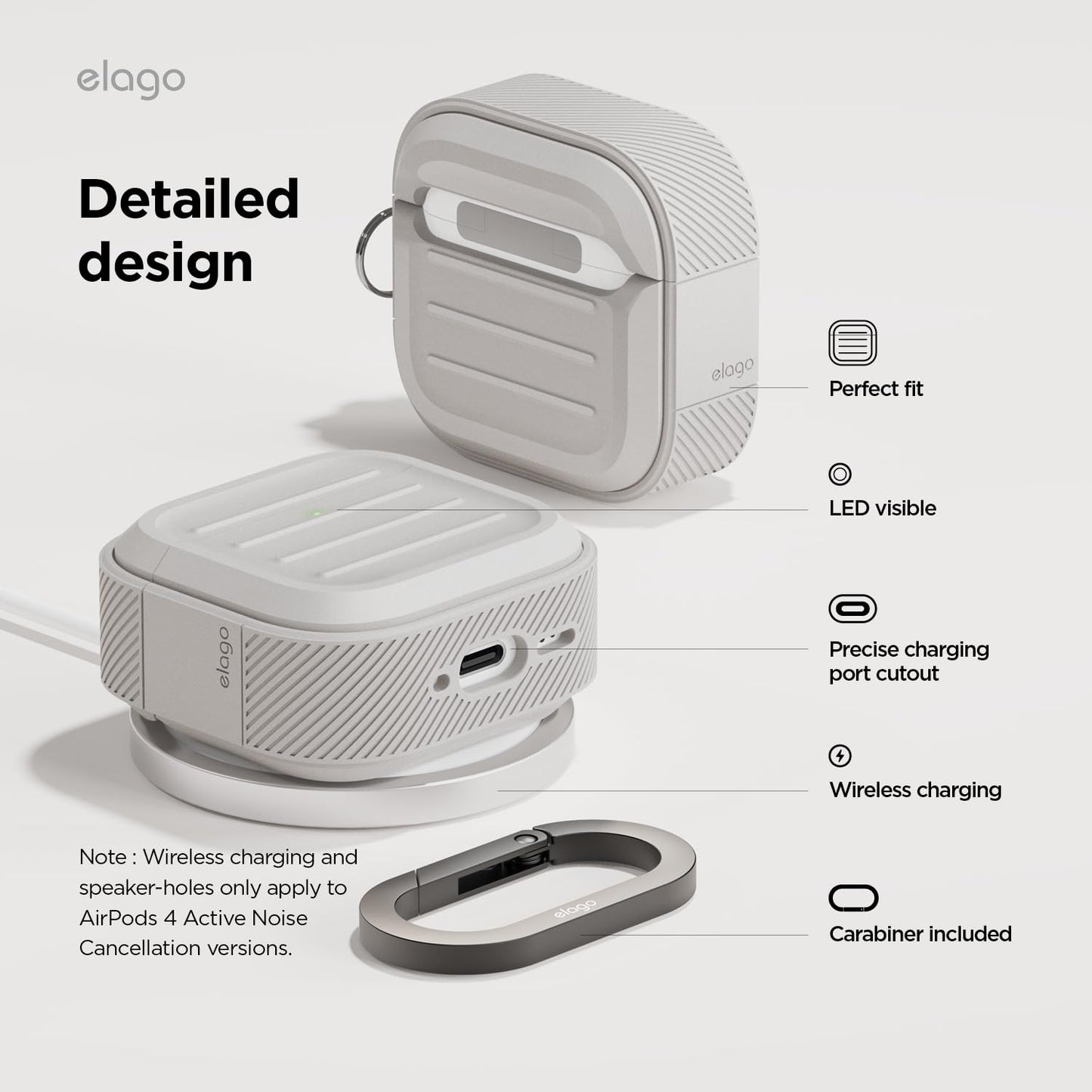 elago Armor Compatible with AirPods 4 Case - for AirPods 4th Generation Cover, Carabiner Included, Supports Wireless Charging, Shock Resistant, Full Protection (Stone)