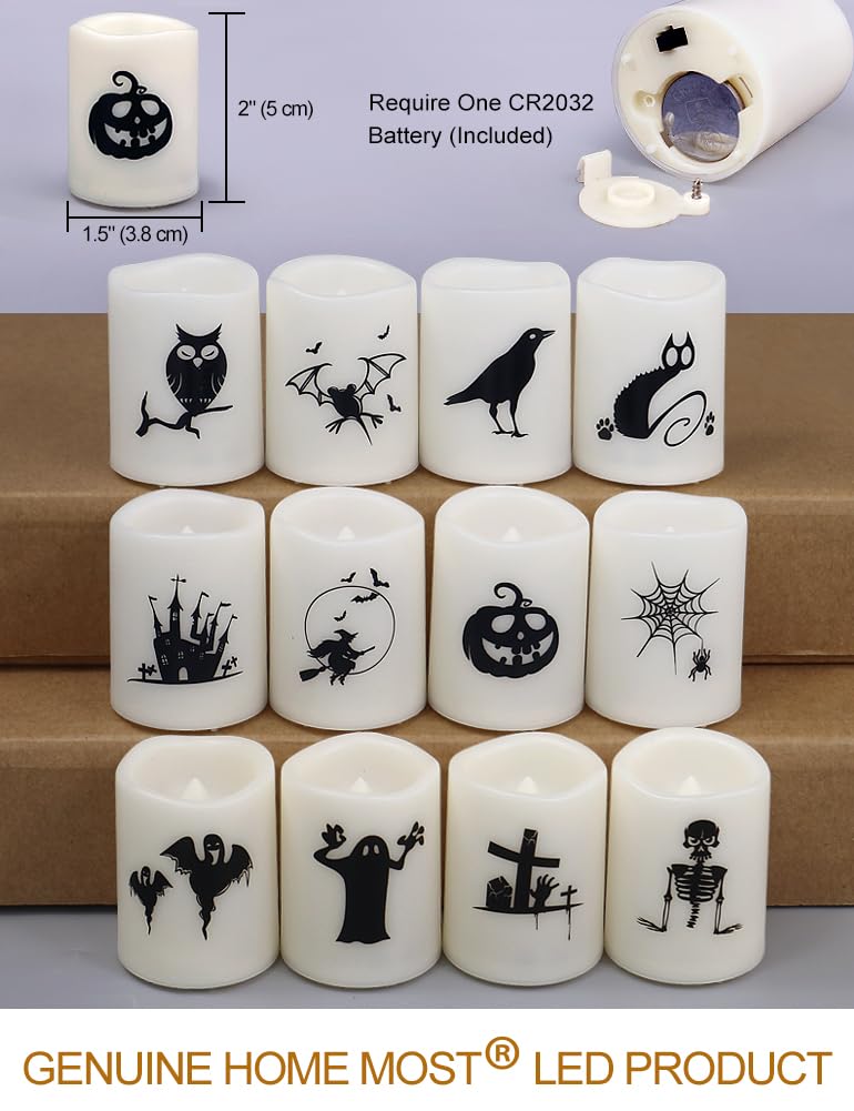 HOME MOST Set of 12 Halloween Votive Candles Battery Operated (White Body, Warm White Flicker) - Flameless Unscented Candles with Halloween Decals - LED Flickering Flameless Votive Candle
