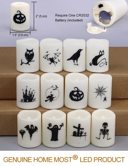 HOME MOST Set of 12 Halloween Votive Candles Battery Operated (White Body, Warm White Flicker) - Flameless Unscented Candles with Halloween Decals - LED Flickering Flameless Votive Candle