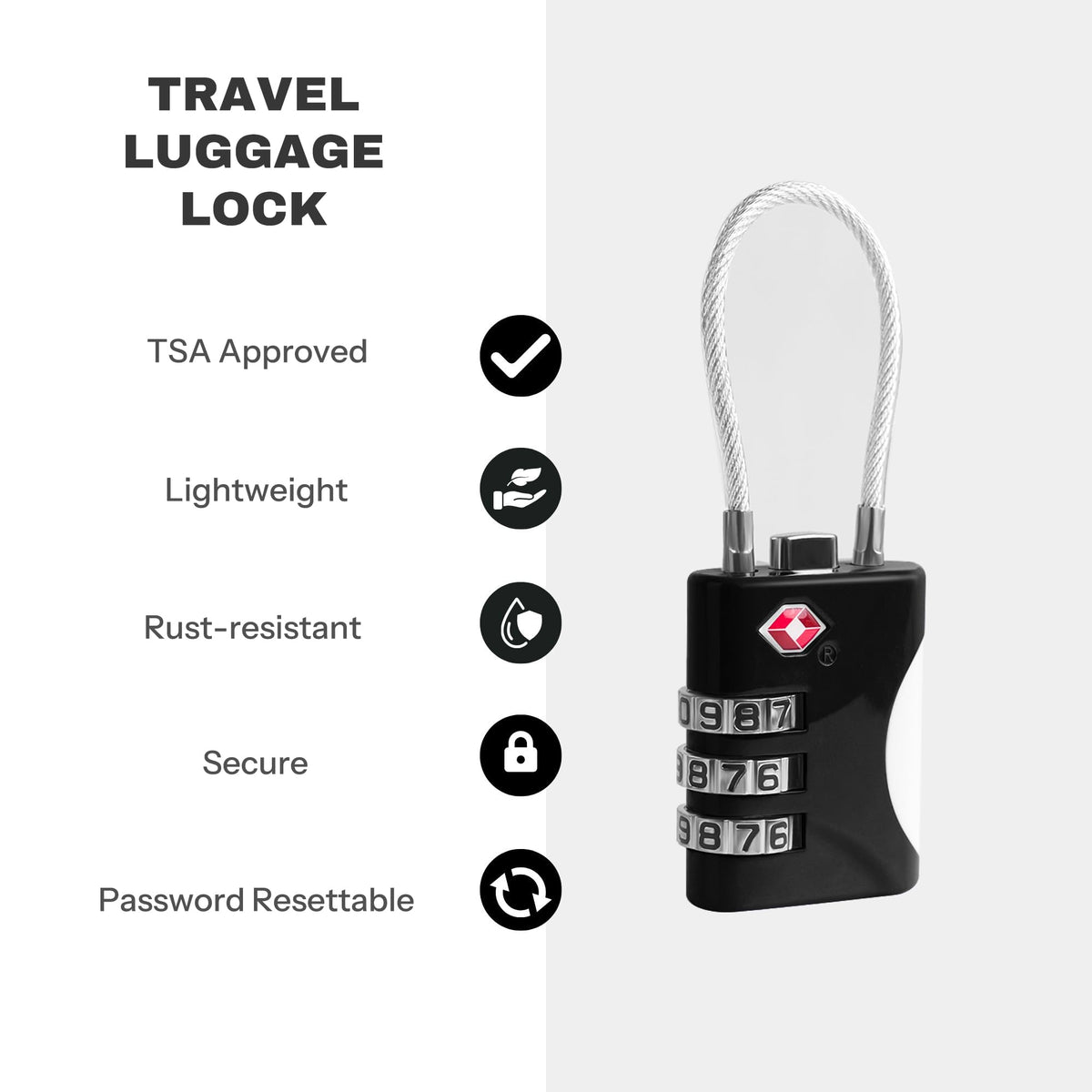 UP Security TSA Locks for Luggage, Small Combination Lock with Cable, Luggage Locks TSA Approved, Combo Lock for Suitcase, Cabinet, Gym Locker, Backpack, Small Padlock for Travel Essentials (Black)