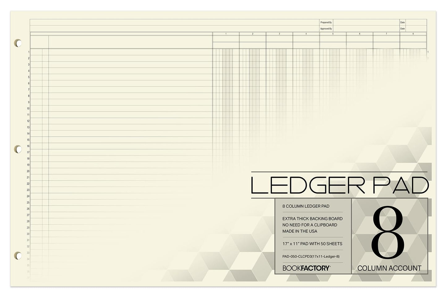 BookFactory Ledger Pad/Large 8 Column Accounting Ledger Columnar (Eight Columns) Pads - 17'' x 11'', 50 Pages, Notepad Landscape Format (Made in USA)
