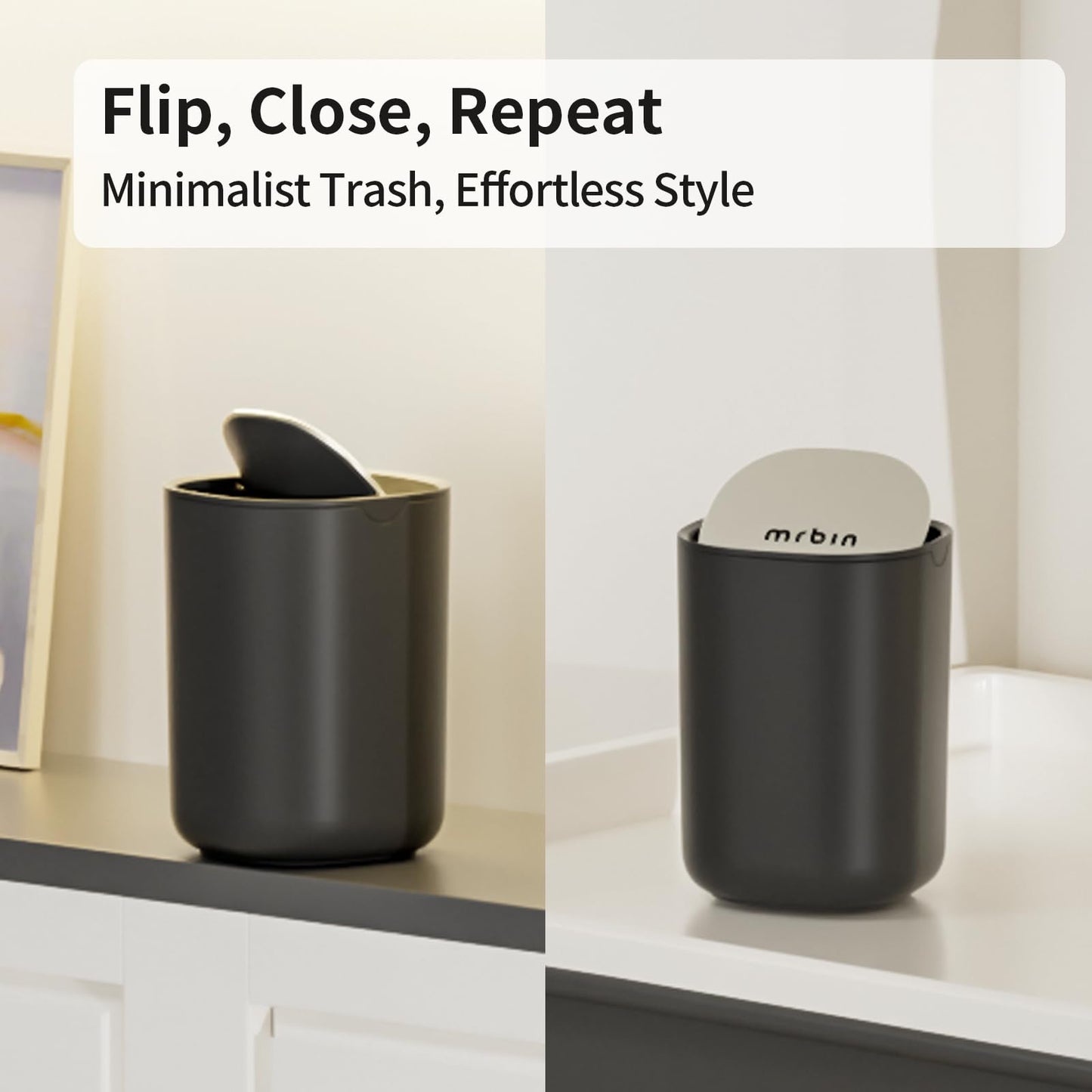 MRBIN Desk Mini Car Trash Can, 0.4 Gallon Table Top Plastic Waste Basket with Stainless Steel Lid, Small Garbage Bin for Bedroom, Coffee Bar, Vanity Countertop, Black