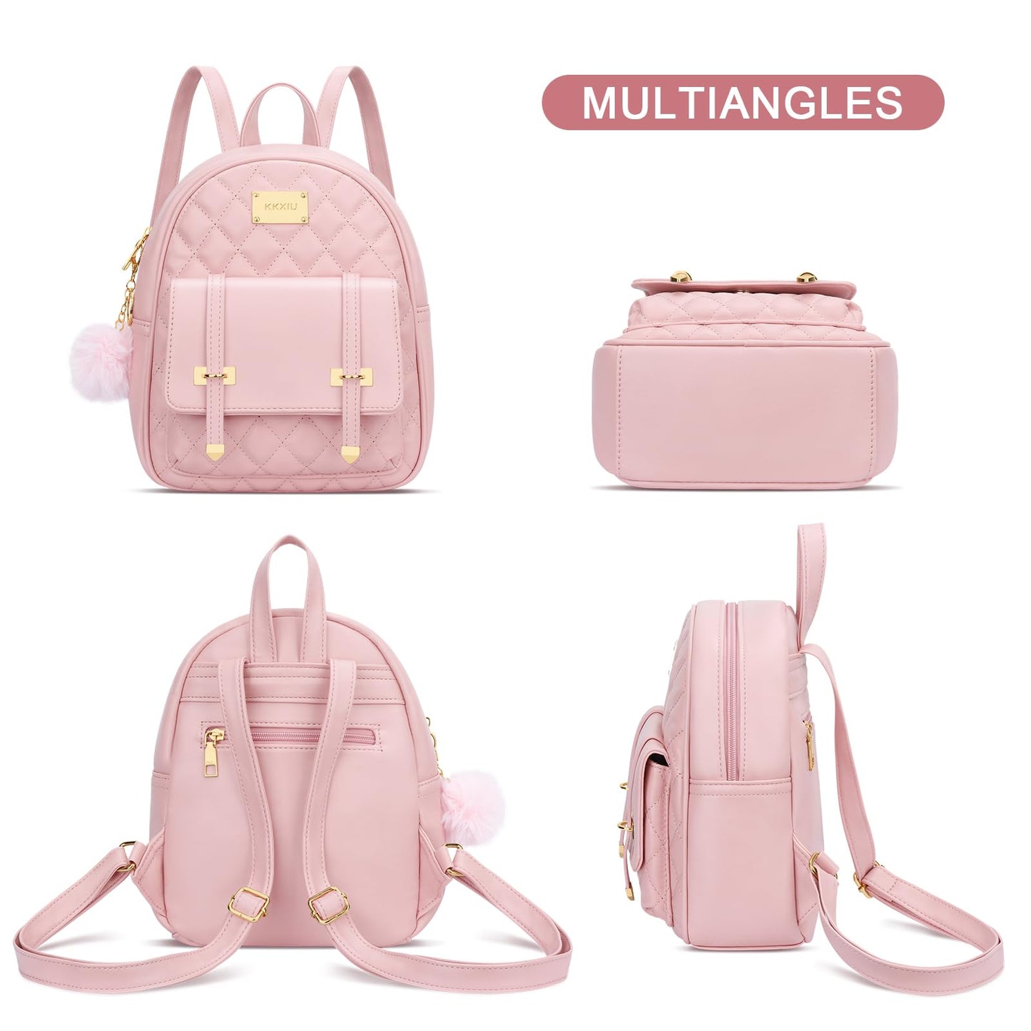 KKXIU Girls Small Backpack Purse Vegan Leather Quilted Mini Daypack for Women Trendy Bookbag (Pink)