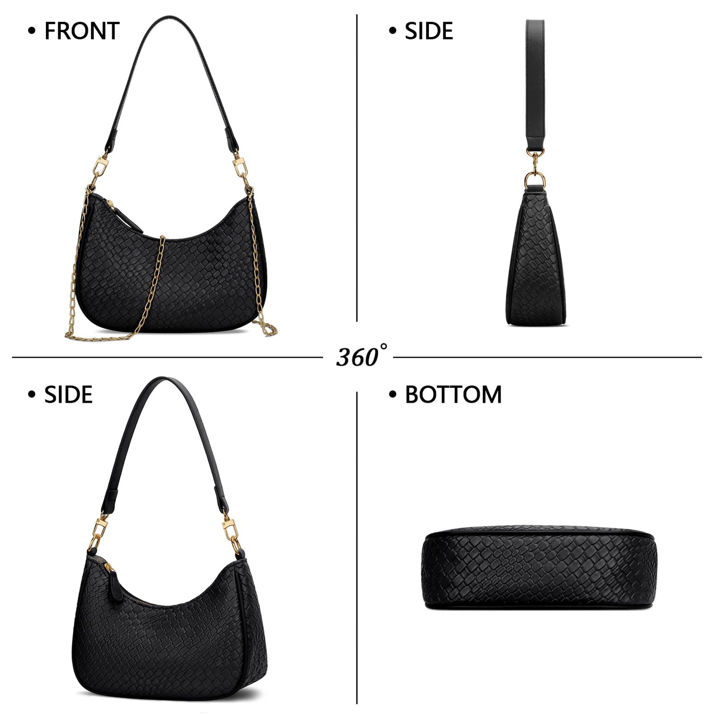 KKXIU Woven Shoulder Bag for Women Cute Hobo and Tote Handbags Retro Clutch Underarm Purse with 2 Removable Straps (B-Black)