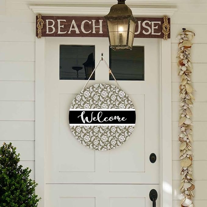 Welcome Sign Front Door Decoration Retro Floral Pattern 12in Round Wooden Hanging Sign for Home Garden Farmhouse Yard