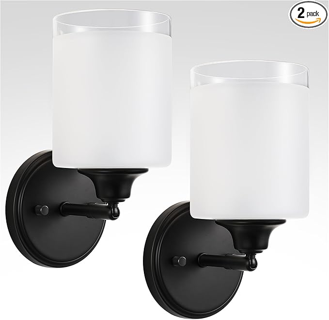 Wall Sconces Set of Two Bathroom Light Fixtures with Frosted Glass Shade, Modern Matte Black Wall Lights Vanity Lights, Sconces Wall Decor Set of 2 for Bathroom Bedroom Mirror (E26 Base)