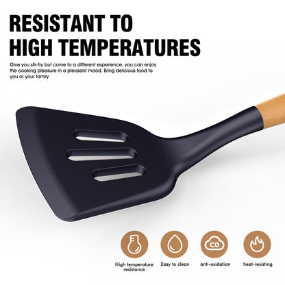 Silicone Cooking Utensils Set - Silicone Kitchen Utensils for Cooking Wooden Handles, 446°F Heat Resistant Kitchen Utensil Spatula Sets w Holder, Gadgets for Non-Stick Cookware BPA FREE (Navy Blue)