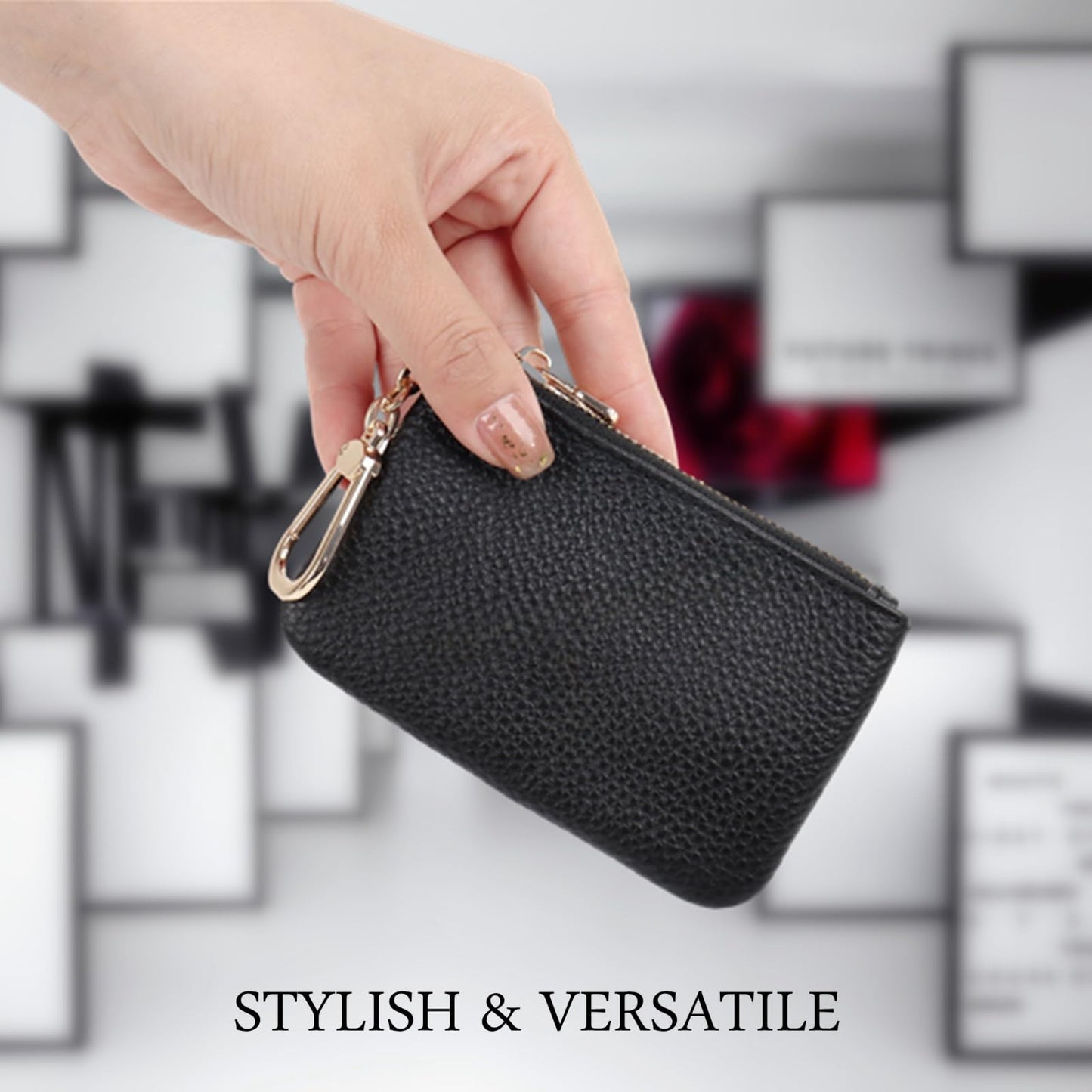 LARENNT Full Grain Leather Coin Purse With Key Chain - Small Change Purse Card Holder Keychain Pouch Wallet for Women and Men (Black)