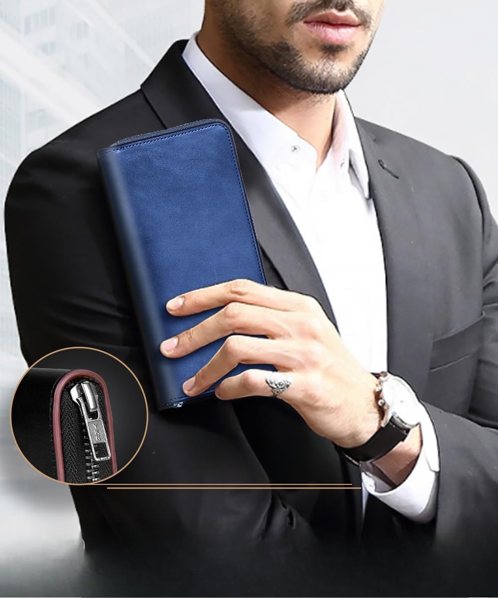 Plinvo Men's Long Genuine Leather Wallet Large Capacity Zippered Pouch with Coin Purse Stylish and Unisex Black (Blue)