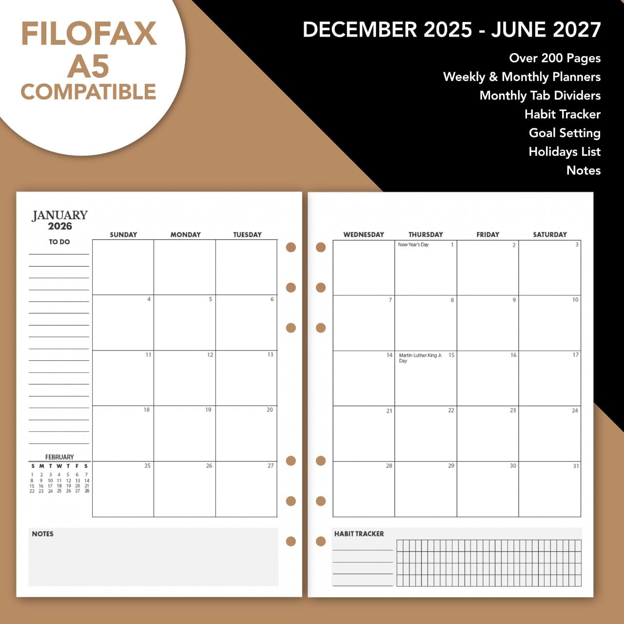 Wanderings A5 Leather Binder Planner - Refillable 6 Ring Journal with Inner Pockets - Hand-Crafted Genuine Leather Organizer- Filofax Compatible. 2026/27 Monthly Weekly Calendar with Notes - 6" x 8.5"