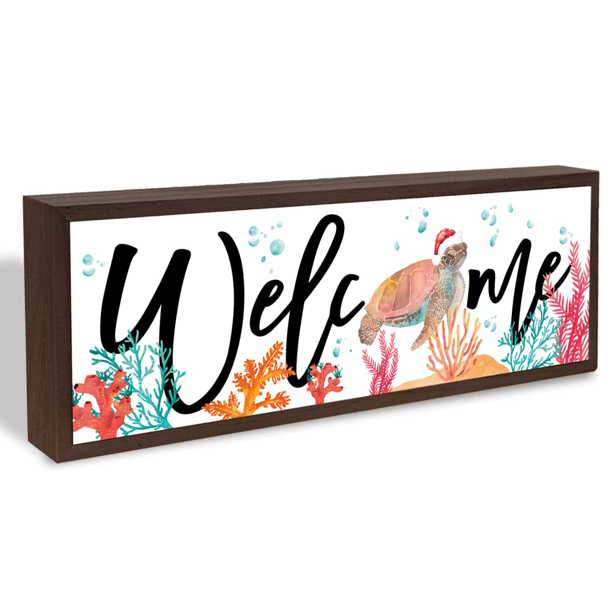 Welcome Wood Home Decor Signs, Welcome Christmas Turtle And Coral Wood Plaque, Christmas Sign, Farmhouse Coastal Beach Ocean Themed Front Porch Door Decor 9.5x3.1 Inches(A53)