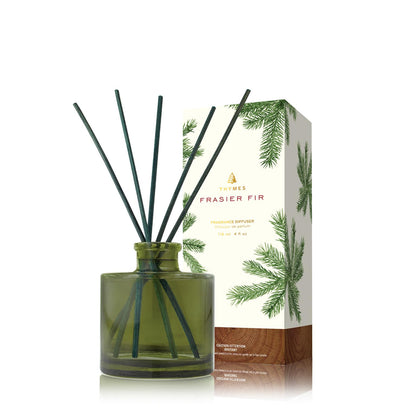 Thymes Frasier Fir Reed Diffuser Set – Includes Reeds, Fragrance Oil, and Frosted Glass Bottle – Fragrance Oil Diffuser – Room Fresheners – Luxury Home Decor – Green & Clear (Pine Needle, 4 fl oz)
