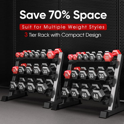 THERUN 1100lbs Adjustable 3 Tier Dumbbell Rack Stand, Hex dumbbells Hand Weights Rack Dumbbell Holder Home Gym Storage Organizer, Reverse Install Available (Rack Only)