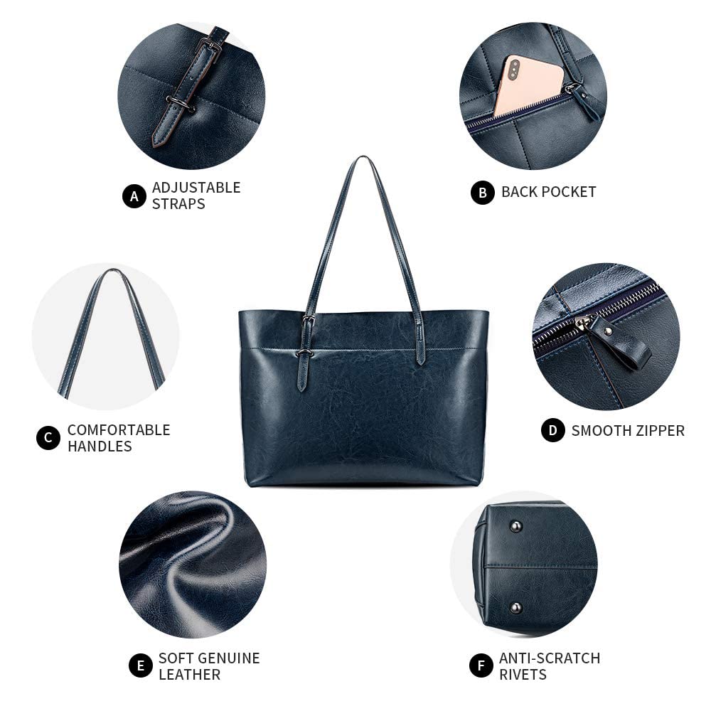 Kattee Vintage Genuine Leather Tote Shoulder Bag for Women Satchel Handbag with Top Handles (Blue)