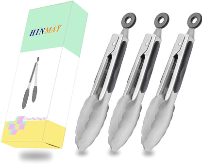 Small Silicone Tongs 7-Inch Mini Serving Tongs, Set of 3 (Black Gray White)