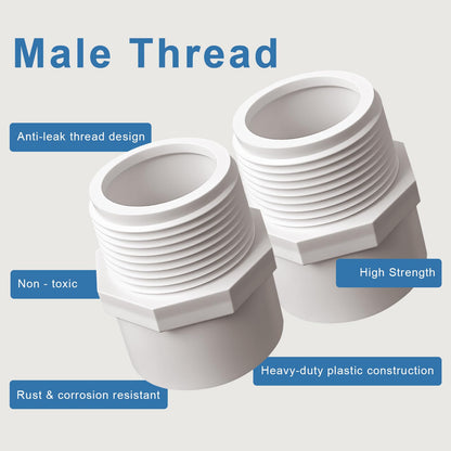 1.5 Inch Male Thread PVC Fittings White 2-Way PVC Pipe Coupling Adapter Connectors Coupling for 1-1/2 Inch Schedule 40 Pipe（2 Pack）