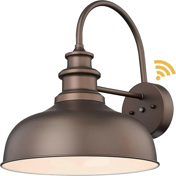 Bestshared 14 Inch Dome Dusk to Dawn Sensor Gooseneck Barn Lights Farmhouse Outdoor Wall Sconce Industrial Outdoor Wall Lights Exterior Lighting Fixture for Front Door, Entryway (ORB+White, 14"-1Pack)