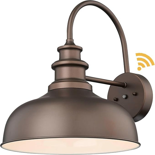 Bestshared 14 Inch Dome Dusk to Dawn Sensor Gooseneck Barn Lights Farmhouse Outdoor Wall Sconce Industrial Outdoor Wall Lights Exterior Lighting Fixture for Front Door, Entryway (ORB+White, 14"-1Pack)